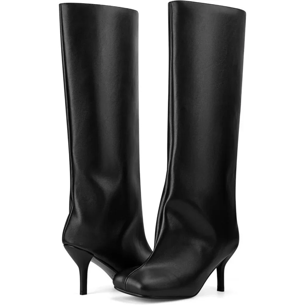 Women's Black Pu Wide Calf Square Toe Stiletto Heels Knee High Suede Boots